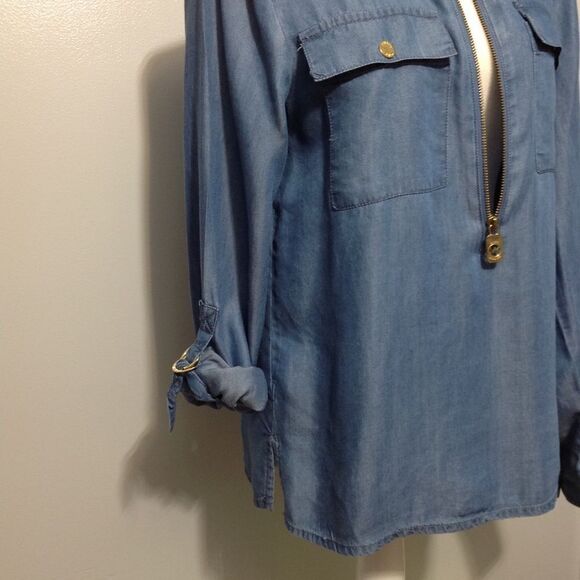 Michael Kors blue and gold denim 3/4 zip up shirt size M - Picture 6 of 7